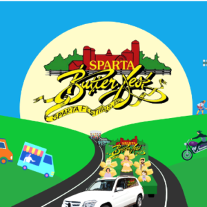 The sparta butterfest logo at the end of a road in the sunlight.