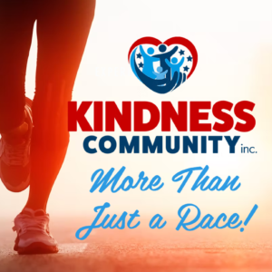 The legs and feet of a runner with the Kindness community logo next to them.