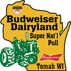 The logo for the truck and tractor pull featuring a green tractor and the state of wisconsin.