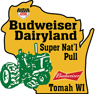 The logo for the truck and tractor pull featuring a green tractor and the state of wisconsin.