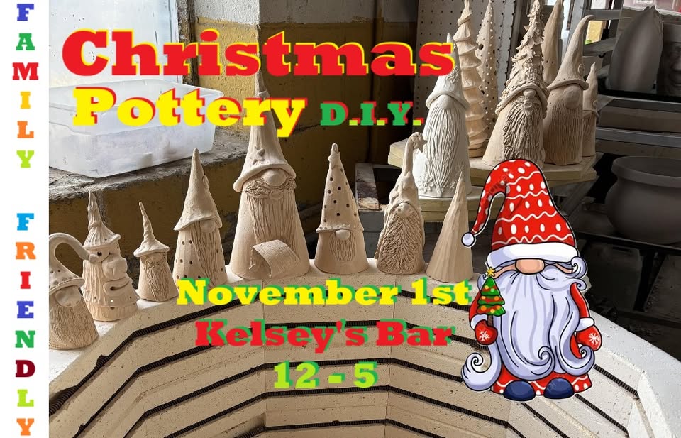 Christmas gnomes lined up on the edge of a pottery kiln