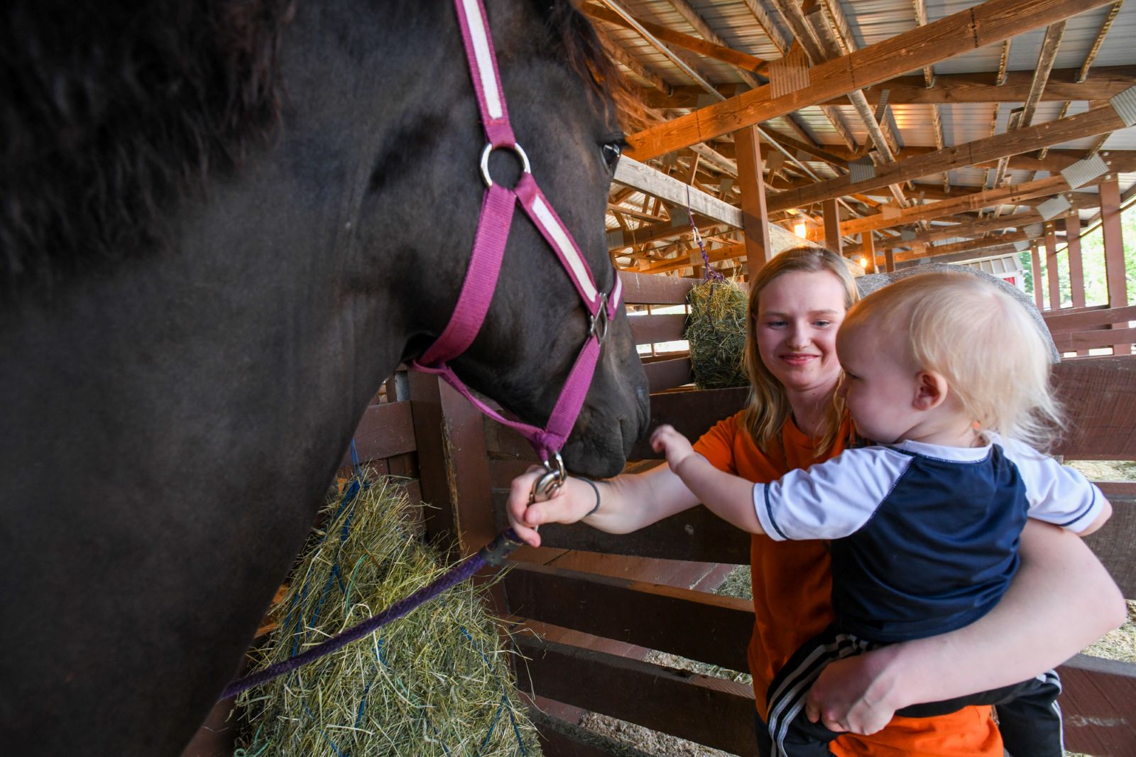 A mom and child pet a horse at the fair