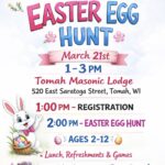 A poster showing more information about the event along with a Easter bunny holding a basket with eggs in it.