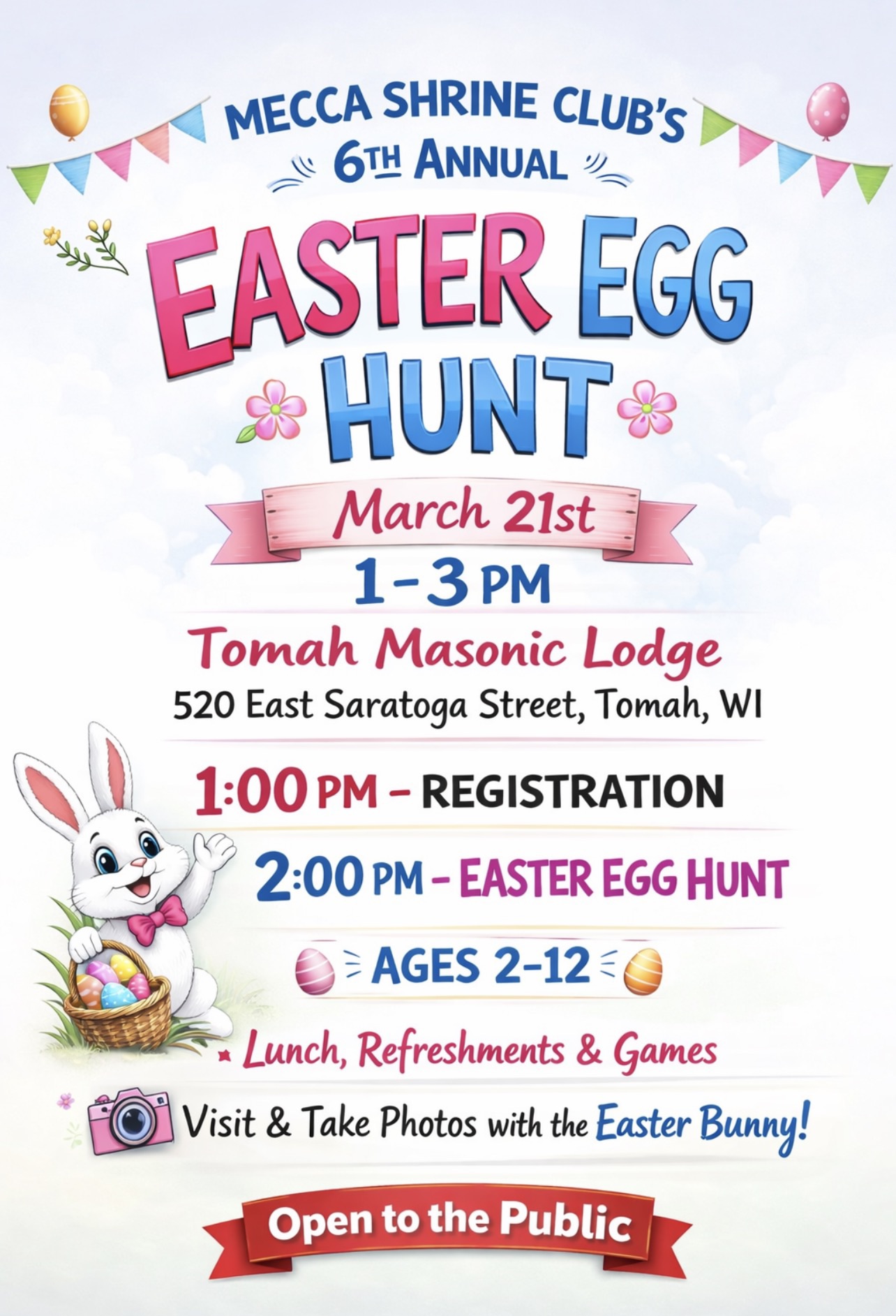 A poster showing more information about the event along with a Easter bunny holding a basket with eggs in it.