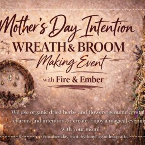 A poster with a broom and Wreath on it, the poster also displays the event information.
