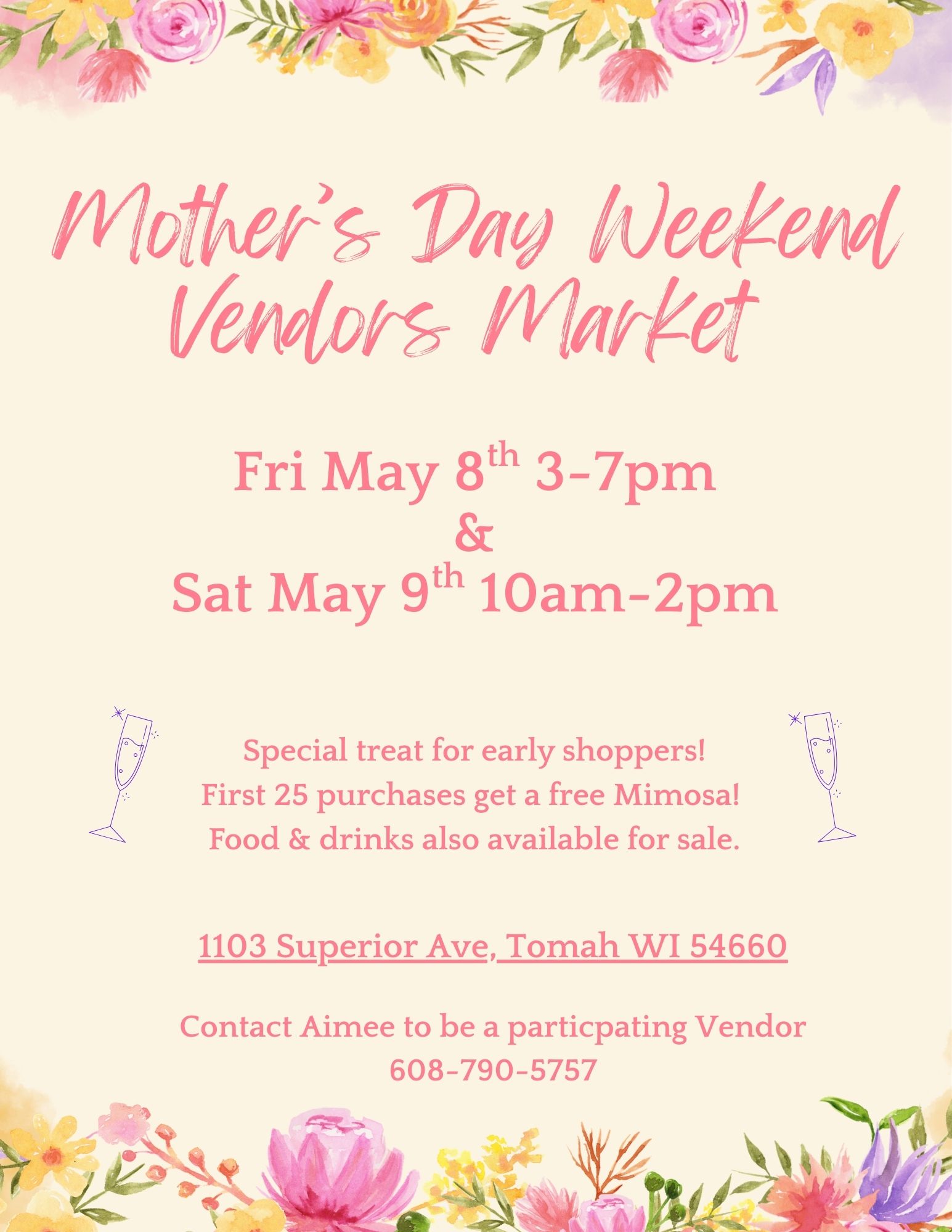 A colorful poster with flowers on the top and bottom of it.