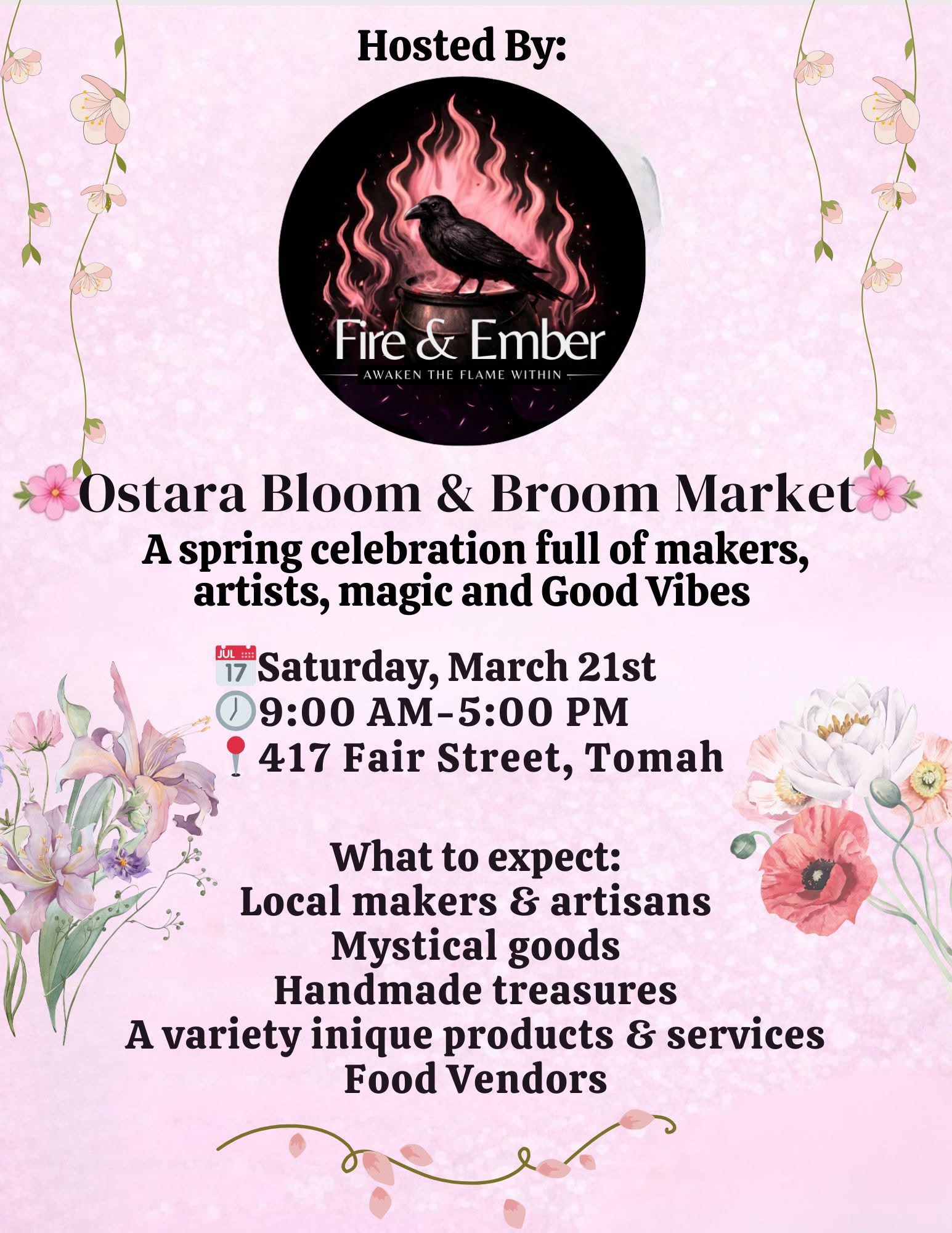 A pink poster with the Fire & Ember's logo and flowers around it.