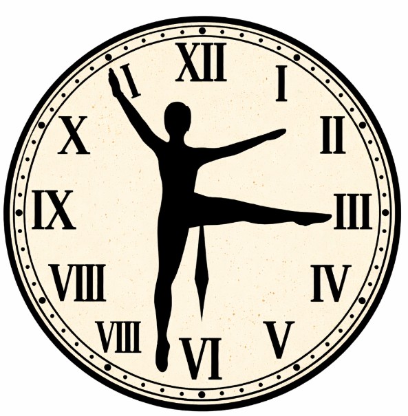 A picture of a dancer on a clock face, using their arms and legs to point to the numbers.