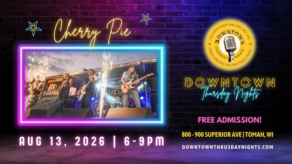 A poster with neon letters on it, which also includes a picture of the band Cherry pie.