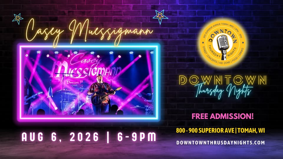 A poster with neon colors on it and showing Casey Muessigmann on it