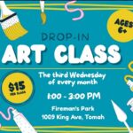 A poster with art supplies on it and with the event information on it.