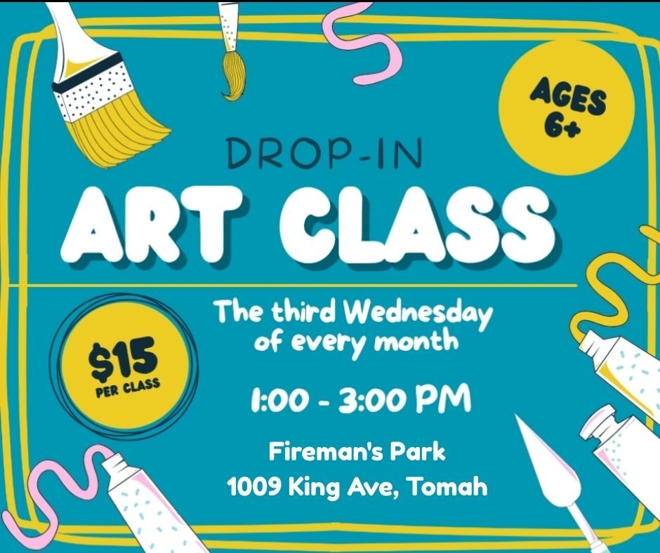 A poster with art supplies on it and with the event information on it.