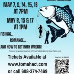 A poster with blue on fish on it and a man fishing and a woman standing in the middle of a loop in the fishing line.