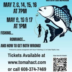 A poster with blue on fish on it and a man fishing and a woman standing in the middle of a loop in the fishing line.