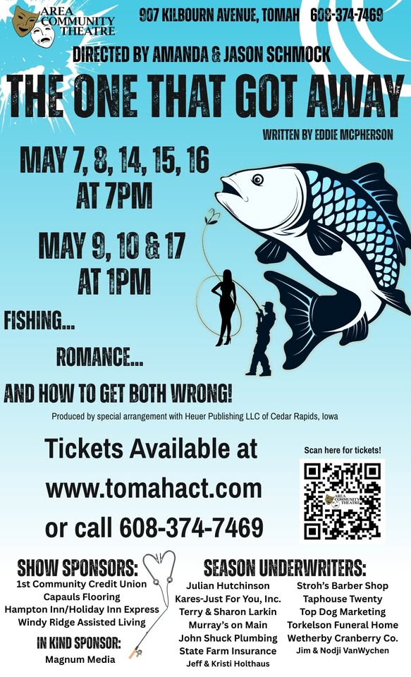 A poster with blue on fish on it and a man fishing and a woman standing in the middle of a loop in the fishing line.