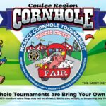 A drawing of people playing corn hole, in the middle with the logo of Monroe County