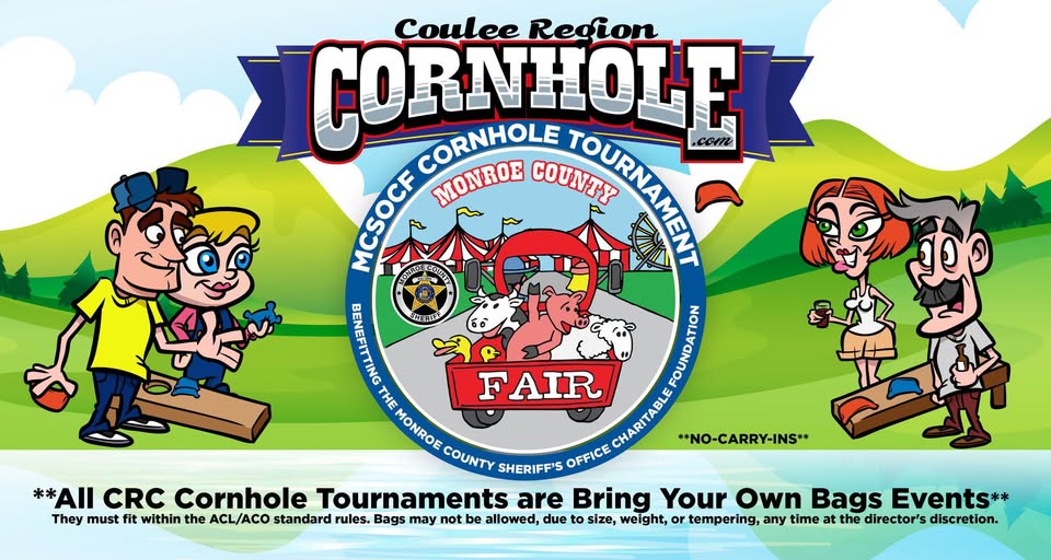 A drawing of people playing corn hole, in the middle with the logo of Monroe County