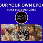 A blue poster with the event name on it and showing pictures of people making Epoxy.