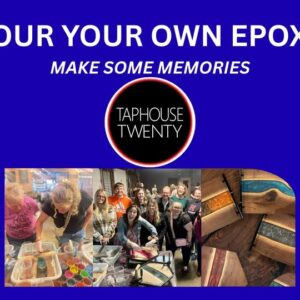 A blue poster with the event name on it and showing pictures of people making Epoxy.
