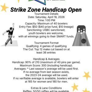 A poster with the event information on it that also shows drawing of a person bowling