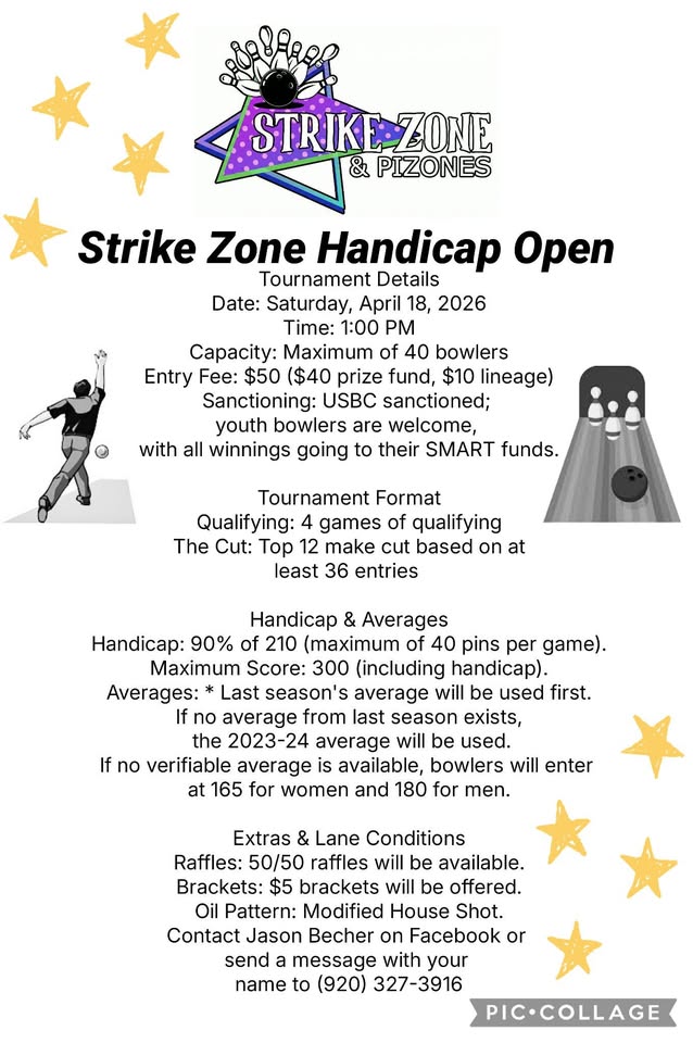 A poster with the event information on it that also shows drawing of a person bowling