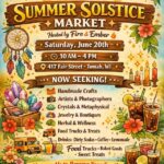 A poster with the event information on it that also shows a sunsetting, flowers and candles.