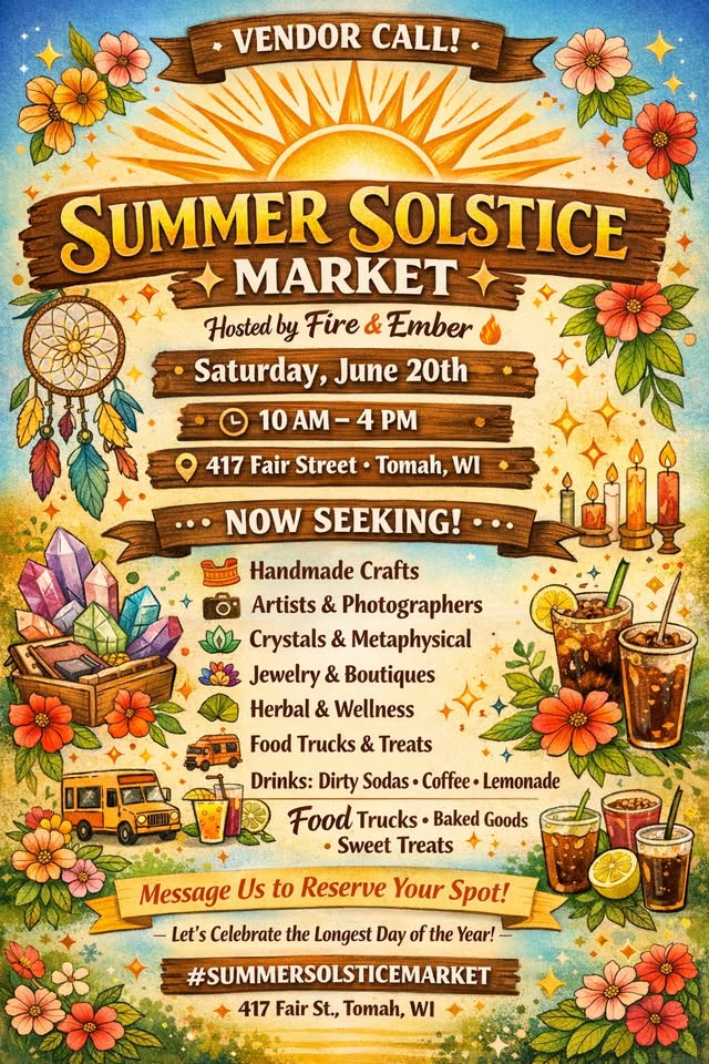 A poster with the event information on it that also shows a sunsetting, flowers and candles.