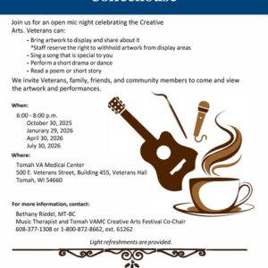 A poster with the event information with a cup of coffee and a guitar next to each other.