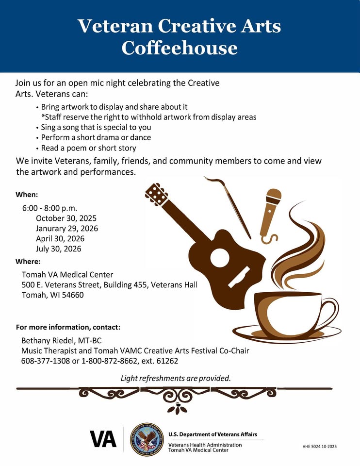 A poster with the event information with a cup of coffee and a guitar next to each other.