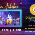 A poster with neon lights on it showing the band Soca Jukebox