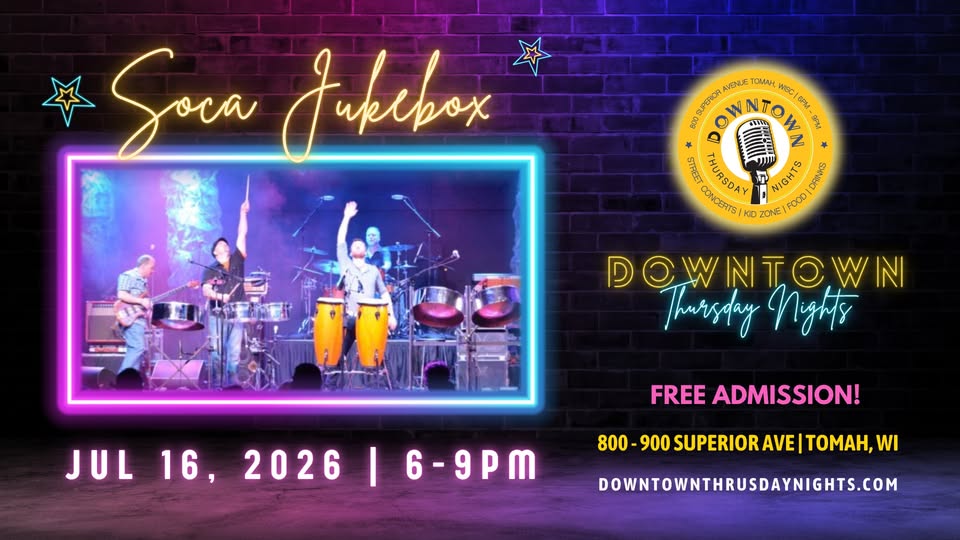 A poster with neon lights on it showing the band Soca Jukebox