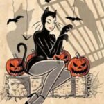 A woman in a black cat Halloween costume.
