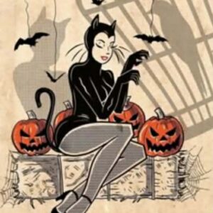 A woman in a black cat Halloween costume.