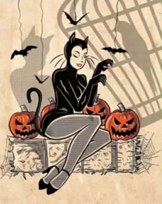 A woman in a black cat Halloween costume.
