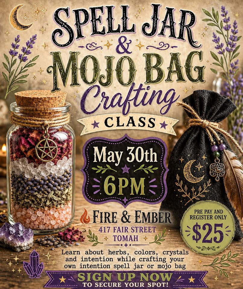 A photo of a spell jar and mojo bag.