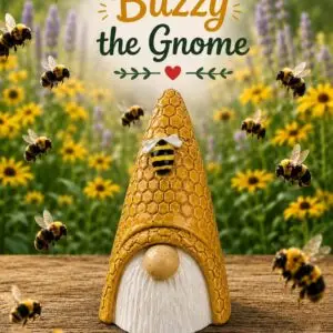 A ceramic gnome with a bumble bee