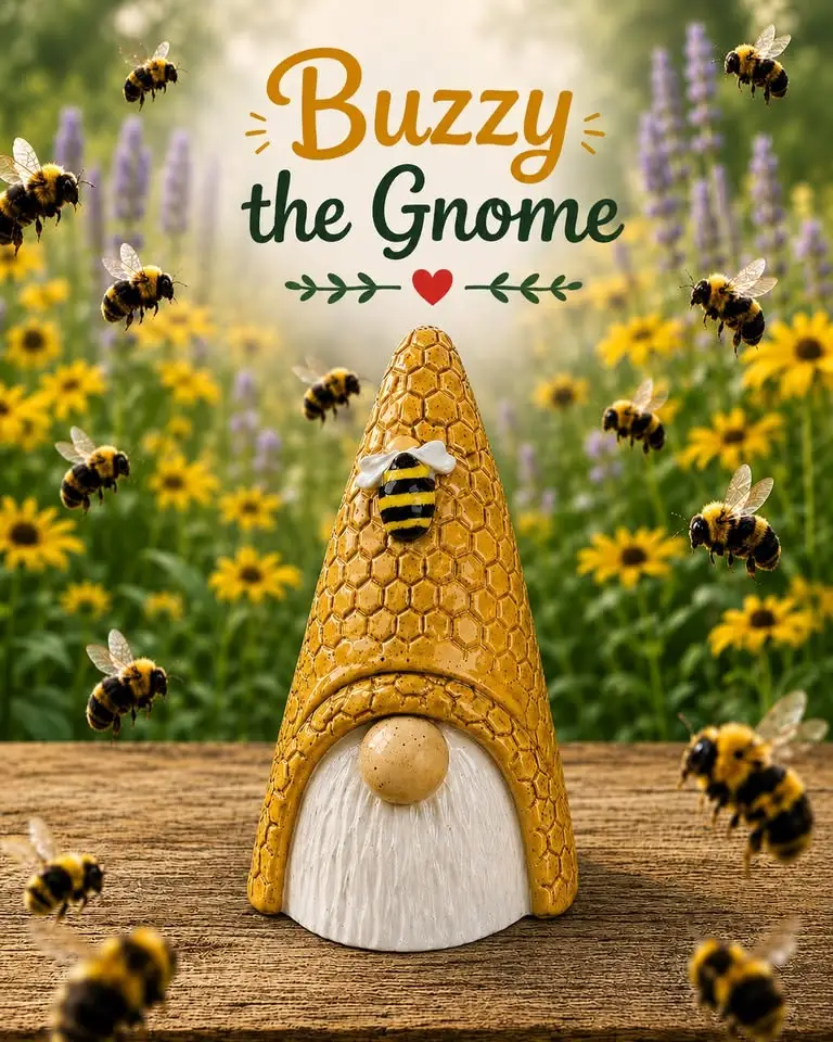 A ceramic gnome with a bumble bee