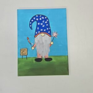 a canvas painting of a gnome dressed in red white and blue