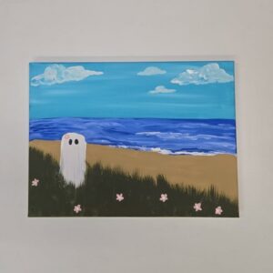 a canvas painting of a ghost on the beach
