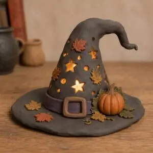 a ceramic witches hat with cut outs to let candle light through.