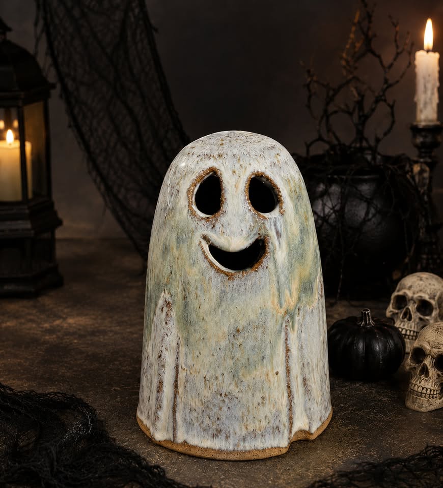 a glazed ceramic smiling ghost