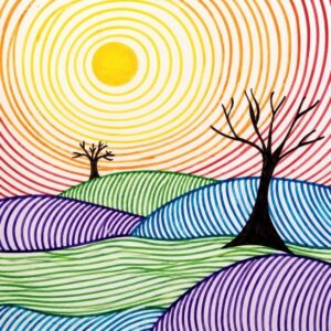 A landscape drawn in colorful marker lines