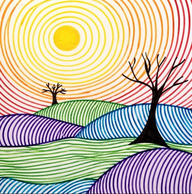 A landscape drawn in colorful marker lines