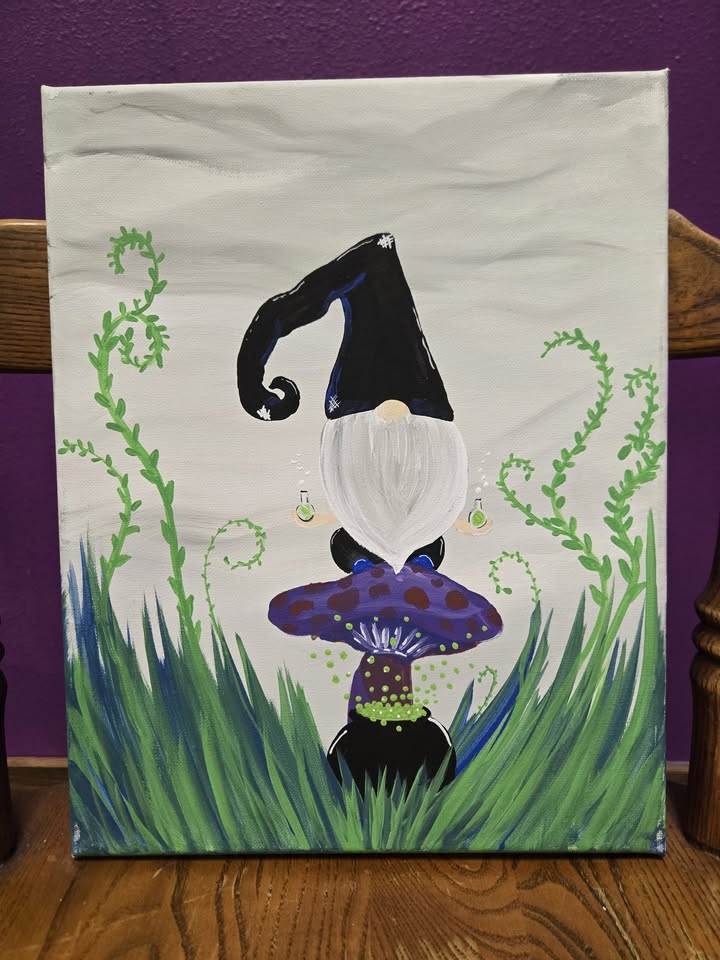 a painting of a gnome on a mushroom