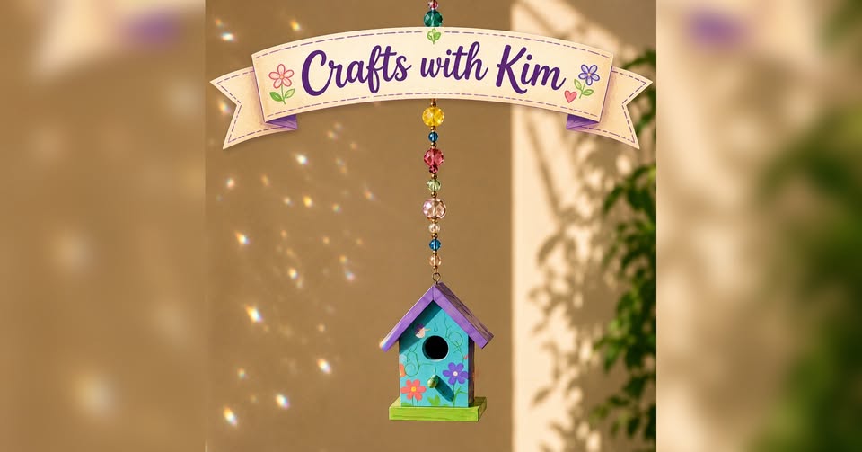 A small bird house hanging from a beaded line