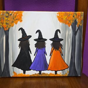 painting of three witches walking away in the woods