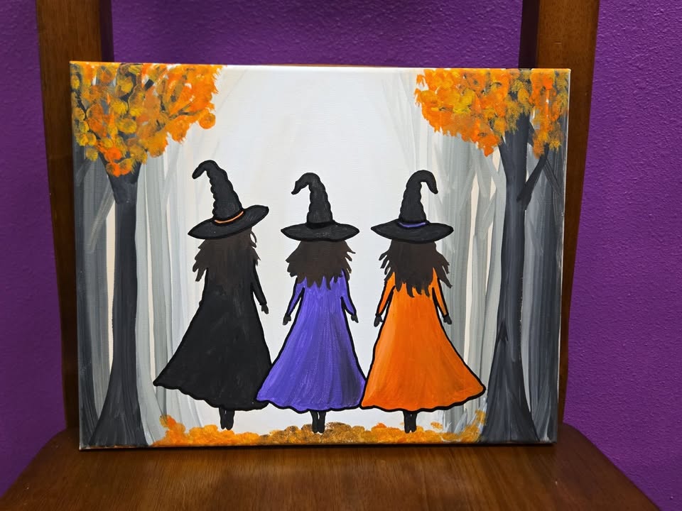 painting of three witches walking away in the woods