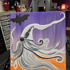 a ghost gnome floating with a bat
