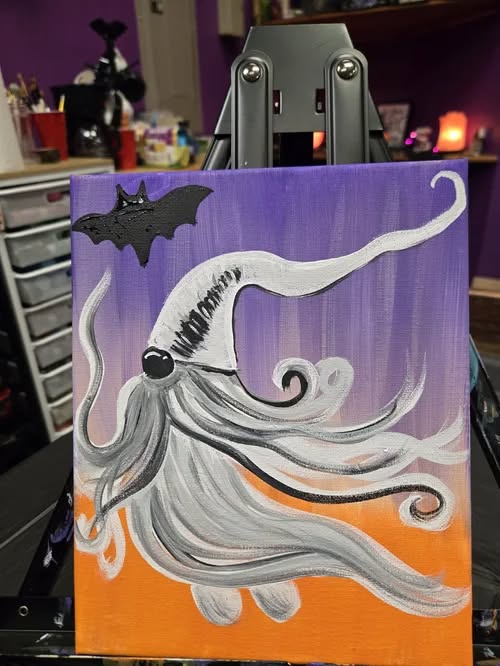 a ghost gnome floating with a bat
