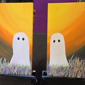 Two canvas paintings of little ghosts under the moon